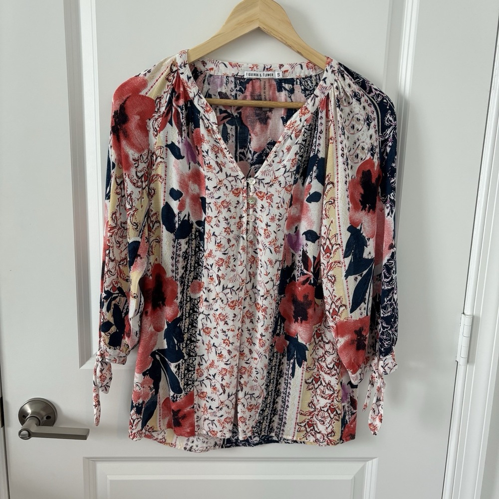 Fig & Flower Floral Patchwork Blouse Size S Boho Festival